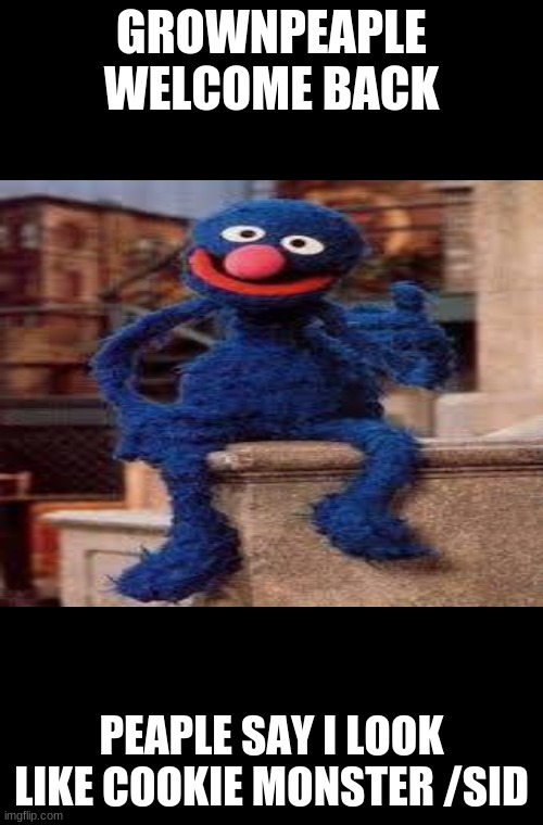 GROWNPEAPLE  WELCOME BACK; PEAPLE SAY I LOOK LIKE COOKIE MONSTER /SID | image tagged in tag | made w/ Imgflip meme maker