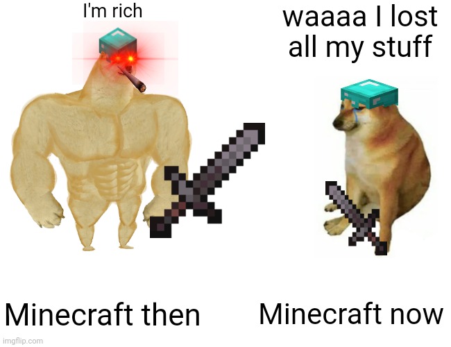 Buff Doge vs. Cheems | I'm rich; waaaa I lost all my stuff; Minecraft then; Minecraft now | image tagged in memes,buff doge vs cheems | made w/ Imgflip meme maker