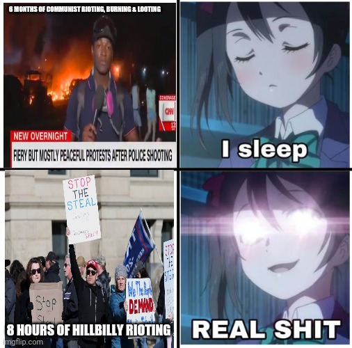 Liberal logic | 6 MONTHS OF COMMUNIST RIOTING, BURNING & LOOTING; 8 HOURS OF HILLBILLY RIOTING | image tagged in i sleep anime,liberal logic,riots,are,all bad | made w/ Imgflip meme maker