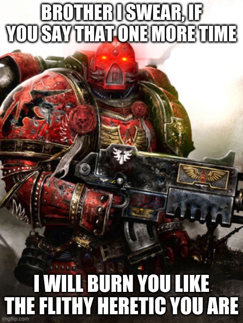 Blood Angel has had enough | BROTHER I SWEAR, IF YOU SAY THAT ONE MORE TIME; I WILL BURN YOU LIKE THE FLITHY HERETIC YOU ARE | image tagged in memes | made w/ Imgflip meme maker