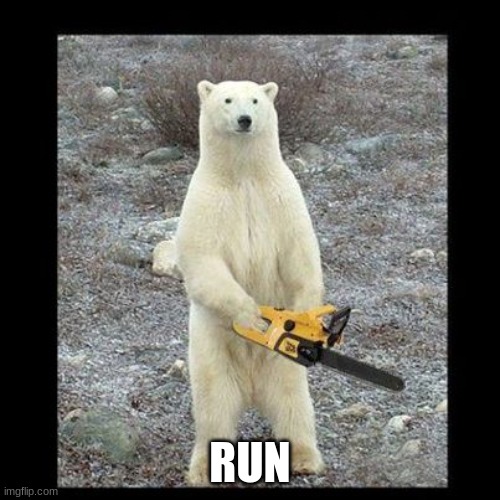 Chainsaw Bear Meme | RUN | image tagged in memes,chainsaw bear | made w/ Imgflip meme maker