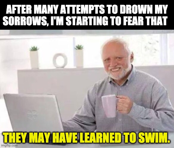 drowning sorrows | AFTER MANY ATTEMPTS TO DROWN MY SORROWS, I'M STARTING TO FEAR THAT; THEY MAY HAVE LEARNED TO SWIM. | image tagged in harold | made w/ Imgflip meme maker