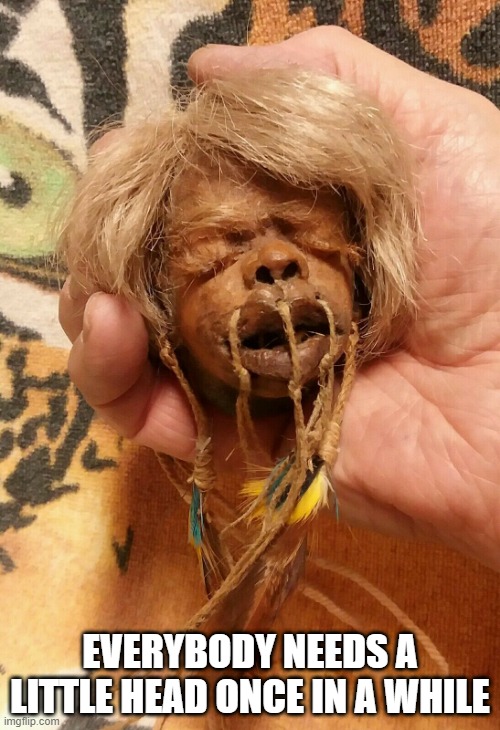 shrunken head | EVERYBODY NEEDS A LITTLE HEAD ONCE IN A WHILE | image tagged in head,redhead | made w/ Imgflip meme maker