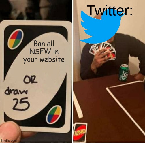 Stop it twitter get some help | Twitter:; Ban all NSFW in your website | image tagged in memes,uno draw 25 cards,maybe don't view nsfw,ban hammer,twitter birds says,never | made w/ Imgflip meme maker