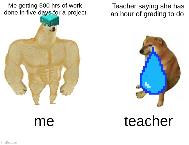 Buff Doge vs. Cheems Meme | Me getting 500 hrs of work done in five days for a project; Teacher saying she has an hour of grading to do; me; teacher | image tagged in memes,buff doge vs cheems | made w/ Imgflip meme maker