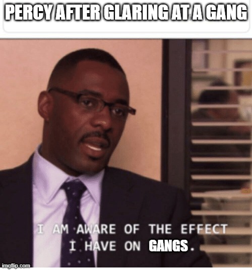he is aware | PERCY AFTER GLARING AT A GANG; GANGS | image tagged in i am aware of the effect i have on women | made w/ Imgflip meme maker