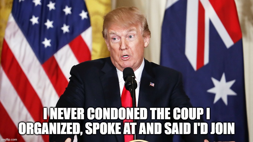 Trump | I NEVER CONDONED THE COUP I ORGANIZED, SPOKE AT AND SAID I'D JOIN | image tagged in trump | made w/ Imgflip meme maker