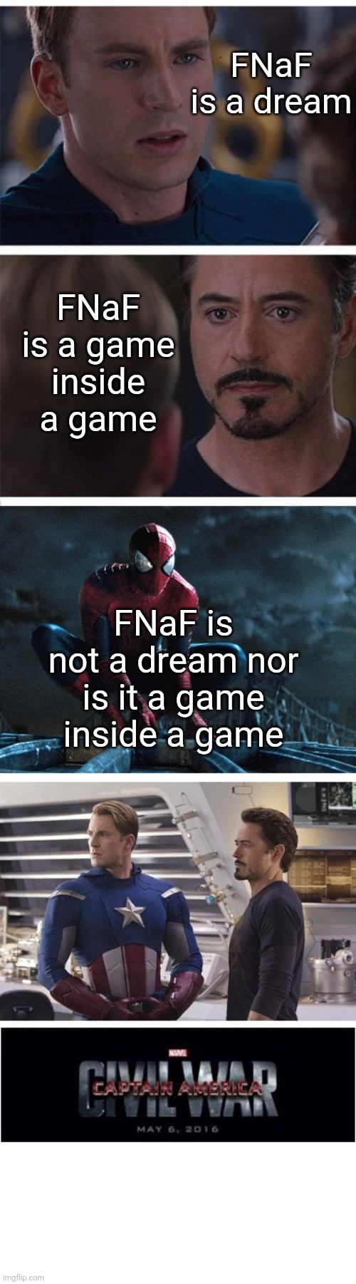 Fight Fight FIGHT | FNaF is a dream; FNaF is a game inside a game; FNaF is not a dream nor is it a game inside a game | image tagged in civil war meme with spider-man | made w/ Imgflip meme maker