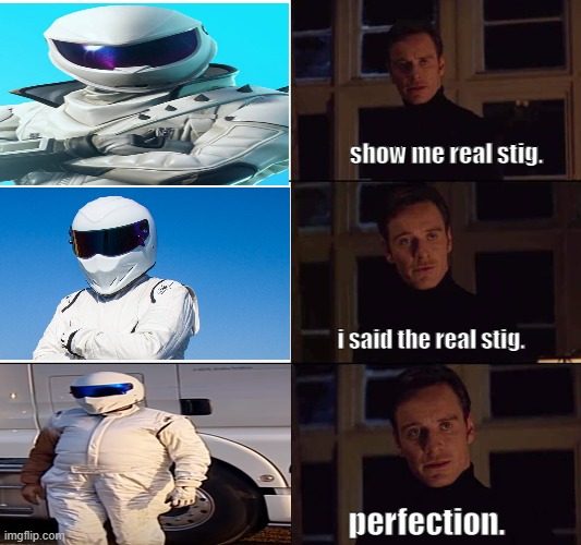 Da Stig | show me real stig. i said the real stig. perfection. | image tagged in i want the real | made w/ Imgflip meme maker
