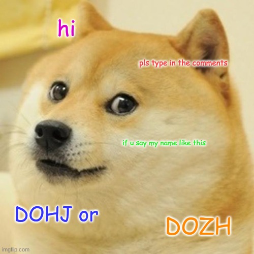 Doge | hi; pls type in the comments; if u say my name like this; DOHJ or; DOZH | image tagged in memes,doge | made w/ Imgflip meme maker