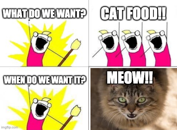 Question of the day, What's your favorite fruit? | WHAT DO WE WANT? CAT FOOD!! MEOW!! WHEN DO WE WANT IT? | image tagged in memes,what do we want | made w/ Imgflip meme maker