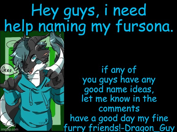 Can you guys help me name him? | if any of you guys have any good name ideas, let me know in the comments
have a good day my fine furry friends!-Dragon_Guy; Hey guys, i need help naming my fursona. | image tagged in fursona | made w/ Imgflip meme maker