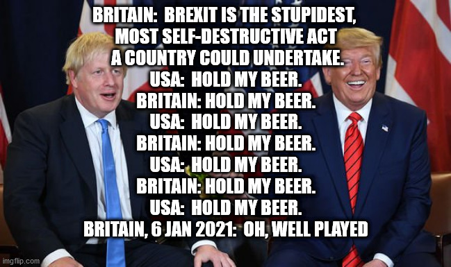 USA beats UK for stupidity, for now |  BRITAIN:  BREXIT IS THE STUPIDEST, 
MOST SELF-DESTRUCTIVE ACT
 A COUNTRY COULD UNDERTAKE.
USA:  HOLD MY BEER.
BRITAIN: HOLD MY BEER.
USA:  HOLD MY BEER.
BRITAIN: HOLD MY BEER.
USA:  HOLD MY BEER.
BRITAIN: HOLD MY BEER.
USA:  HOLD MY BEER.
BRITAIN, 6 JAN 2021:  OH, WELL PLAYED | image tagged in brexit,trump,donald trump,revolution,capitol hill,hold my beer | made w/ Imgflip meme maker
