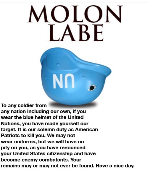 Attention, United Nations Troops | image tagged in molon labe,united nations,enemy combatants,have a nice day,insurrection,treason | made w/ Imgflip meme maker