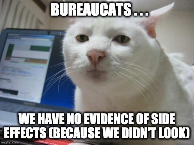 BureauCATs | BUREAUCATS . . . WE HAVE NO EVIDENCE OF SIDE EFFECTS (BECAUSE WE DIDN'T LOOK) | image tagged in serious cat | made w/ Imgflip meme maker