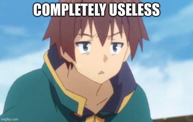 Unimpressed Kazuma | COMPLETELY USELESS | image tagged in unimpressed kazuma | made w/ Imgflip meme maker