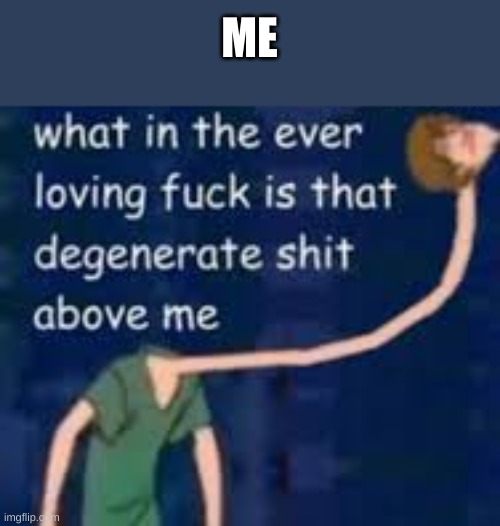 What in the ever loving fuck is that degenerate shit above me | ME | image tagged in what in the ever loving fuck is that degenerate shit above me | made w/ Imgflip meme maker