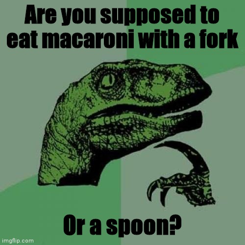 I was eating macaroni when I thought about this :/ | Are you supposed to eat macaroni with a fork; Or a spoon? | image tagged in memes,philosoraptor | made w/ Imgflip meme maker