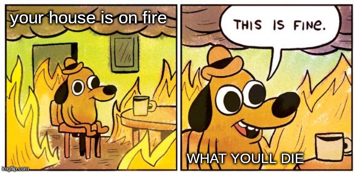 This Is Fine | your house is on fire; WHAT YOULL DIE | image tagged in memes,this is fine | made w/ Imgflip meme maker