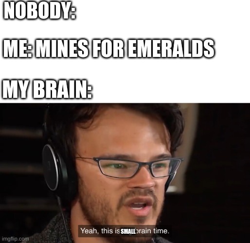 Small Brain | NOBODY:; ME: MINES FOR EMERALDS; MY BRAIN:; SMALL | image tagged in yeah this is big brain time,funny memes,minecraft | made w/ Imgflip meme maker