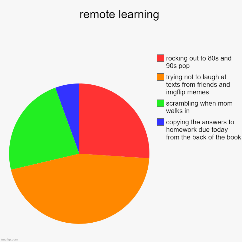 remote learning | copying the answers to homework due today from the back of the book, scrambling when mom walks in, trying not to laugh at  | image tagged in charts,pie charts | made w/ Imgflip chart maker
