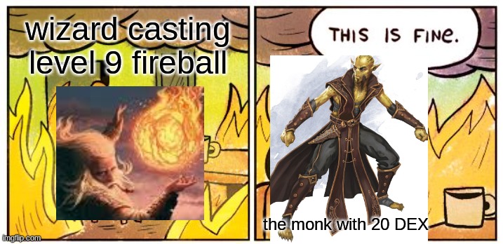 This Is Fine Meme | wizard casting level 9 fireball; the monk with 20 DEX | image tagged in memes,this is fine | made w/ Imgflip meme maker