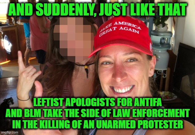 The Left Suddenly Shows Fake Support for the Rule of Law | AND SUDDENLY, JUST LIKE THAT; LEFTIST APOLOGISTS FOR ANTIFA AND BLM TAKE THE SIDE OF LAW ENFORCEMENT IN THE KILLING OF AN UNARMED PROTESTER | image tagged in ashli babbitt,capitol hill protest,leftists,capitol hill | made w/ Imgflip meme maker