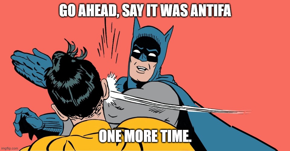 Say it was Antifa | GO AHEAD, SAY IT WAS ANTIFA; ONE MORE TIME. | image tagged in batman smacking robin | made w/ Imgflip meme maker