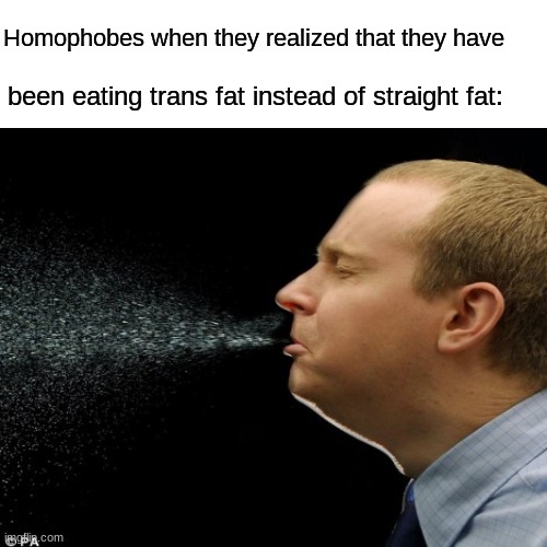 I don't think this has been done before | Homophobes when they realized that they have; been eating trans fat instead of straight fat: | image tagged in funny memes,oc | made w/ Imgflip meme maker