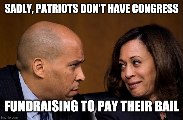 Corey Booker and Kamala Harris | SADLY, PATRIOTS DON'T HAVE CONGRESS FUNDRAISING TO PAY THEIR BAIL | image tagged in corey booker and kamala harris | made w/ Imgflip meme maker