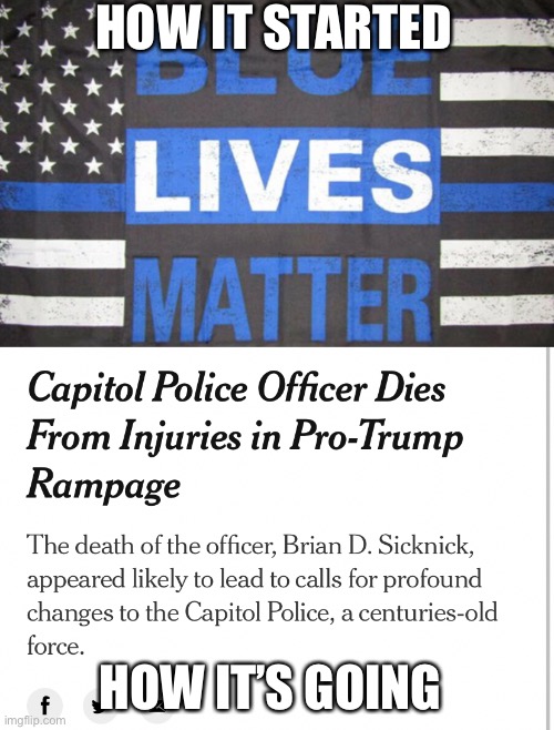 “Blue lives matter” was always a racist dog whistle, no more, no less. | HOW IT STARTED; HOW IT’S GOING | image tagged in blue lives matter,thin blue line,dog whistle,capitol hill,riots,hypocrisy | made w/ Imgflip meme maker
