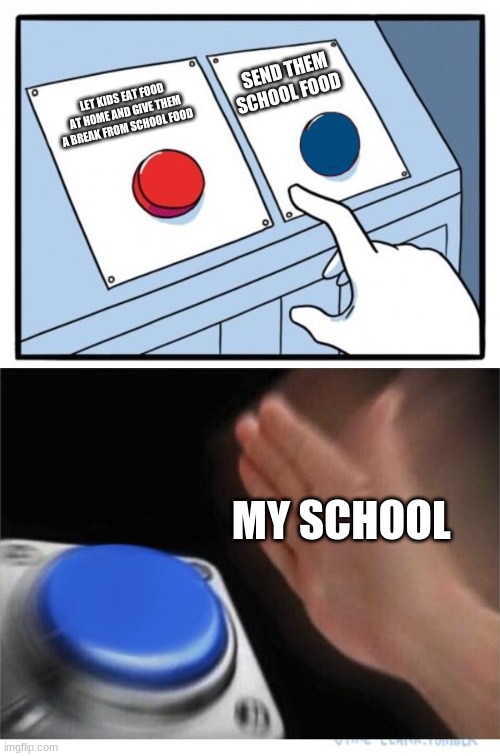 two buttons 1 blue | SEND THEM SCHOOL FOOD; LET KIDS EAT FOOD AT HOME AND GIVE THEM A BREAK FROM SCHOOL FOOD; MY SCHOOL | image tagged in two buttons 1 blue | made w/ Imgflip meme maker