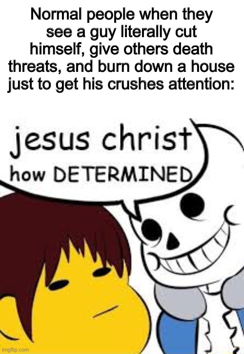 how determined | Normal people when they see a guy literally cut himself, give others death threats, and burn down a house just to get his crushes attention: | image tagged in how determined | made w/ Imgflip meme maker