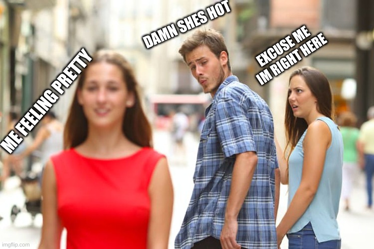 dies of laughter | DAMN SHES HOT; EXCUSE ME IM RIGHT HERE; ME FEELING PRETTY | image tagged in memes,distracted boyfriend | made w/ Imgflip meme maker