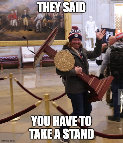 DC Rioter Pelosi Podium | THEY SAID; YOU HAVE TO TAKE A STAND | image tagged in dc rioter pelosi podium | made w/ Imgflip meme maker