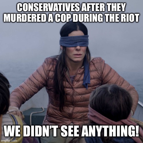 And it’s not like they smear shit everywhere too....oh wait... | CONSERVATIVES AFTER THEY MURDERED A COP DURING THE RIOT; WE DIDN’T SEE ANYTHING! | image tagged in memes,bird box | made w/ Imgflip meme maker