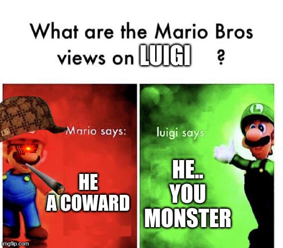 Mario Is Rude | LUIGI; HE A COWARD; HE..
YOU MONSTER | image tagged in mario bros views | made w/ Imgflip meme maker