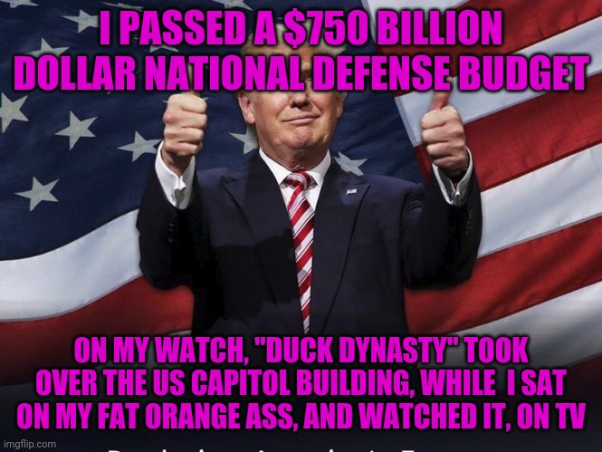 Donald Trump Thumbs Up | I PASSED A $750 BILLION DOLLAR NATIONAL DEFENSE BUDGET; ON MY WATCH, "DUCK DYNASTY" TOOK OVER THE US CAPITOL BUILDING, WHILE  I SAT ON MY FAT ORANGE ASS, AND WATCHED IT, ON TV | image tagged in donald trump thumbs up | made w/ Imgflip meme maker