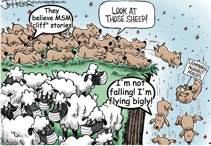 Remember when liberals were all about relative values? | They believe MSM "cliff" stories! I'm not falling! I'm flying bigly! | image tagged in lemmings lemmings,truth,lies,big lie,face mask | made w/ Imgflip meme maker