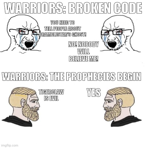 Spoilers for the Warriors series | WARRIORS: BROKEN CODE; YOU NEED TO TELL PEOPLE ABOUT BRAMBLESTAR'S GHOST! NO! NOBODY WILL BELIEVE ME! WARRIORS: THE PROPHECIES BEGIN; YES; TIGERCLAW IS EVIL | image tagged in chad we know,warriors | made w/ Imgflip meme maker