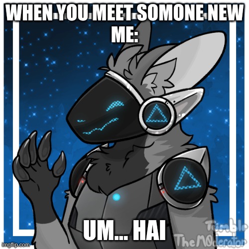 Kendle_the_Protogen | WHEN YOU MEET SOMONE NEW
ME:; UM... HAI | image tagged in kendle_the_protogen,furry,protogen | made w/ Imgflip meme maker