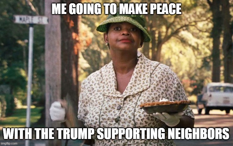 making peace | ME GOING TO MAKE PEACE; WITH THE TRUMP SUPPORTING NEIGHBORS | image tagged in funny | made w/ Imgflip meme maker