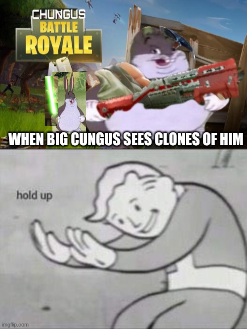 CUNGUS | WHEN BIG CUNGUS SEES CLONES OF HIM | image tagged in chungus battle royale,fallout hold up | made w/ Imgflip meme maker