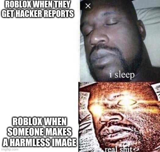 Roblox | ROBLOX WHEN THEY GET HACKER REPORTS; ROBLOX WHEN SOMEONE MAKES A HARMLESS IMAGE | image tagged in i sleep real shit | made w/ Imgflip meme maker