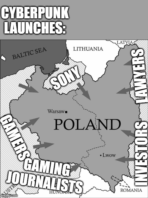 Poland Can't Catch a Break | CYBERPUNK LAUNCHES:; SONY; LAWYERS; GAMERS; INVESTORS; GAMING JOURNALISTS | image tagged in poland,cyberpunk,sony | made w/ Imgflip meme maker