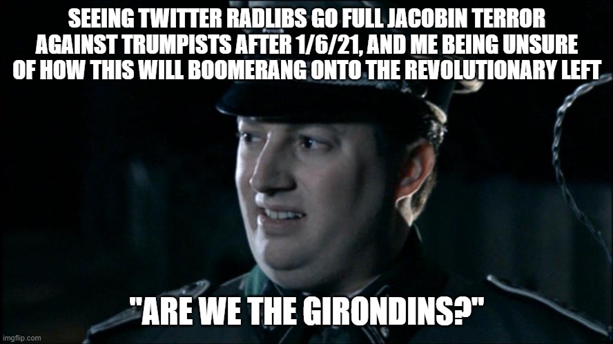 Are we the baddies? | SEEING TWITTER RADLIBS GO FULL JACOBIN TERROR AGAINST TRUMPISTS AFTER 1/6/21, AND ME BEING UNSURE OF HOW THIS WILL BOOMERANG ONTO THE REVOLUTIONARY LEFT; "ARE WE THE GIRONDINS?" | image tagged in are we the baddies | made w/ Imgflip meme maker