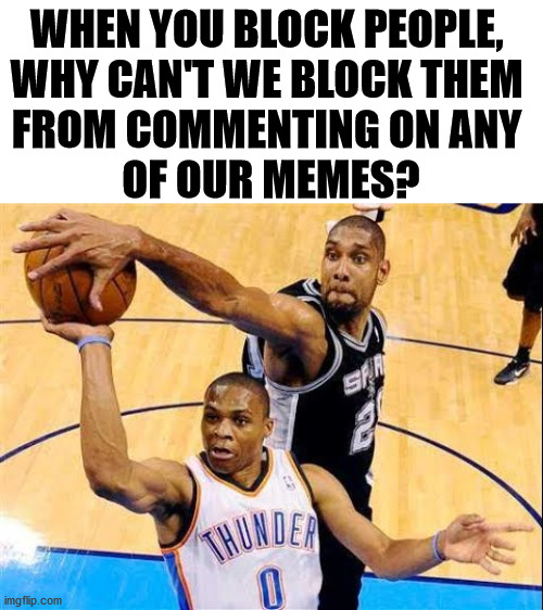 Need to be able to meme in peace and have fun. This would stop bullies and also spammers. | WHEN YOU BLOCK PEOPLE, 
WHY CAN'T WE BLOCK THEM 
FROM COMMENTING ON ANY 
OF OUR MEMES? | image tagged in basketball block,imgflip,imgflip users,blocked | made w/ Imgflip meme maker
