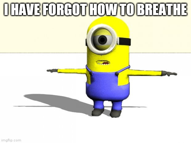 PLS HEPLA ME | I HAVE FORGOT HOW TO BREATHE | image tagged in minion t pose | made w/ Imgflip meme maker