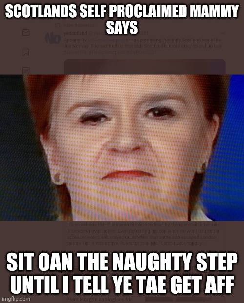 Control freak | SCOTLANDS SELF PROCLAIMED MAMMY
SAYS; SIT OAN THE NAUGHTY STEP
UNTIL I TELL YE TAE GET AFF | image tagged in face | made w/ Imgflip meme maker