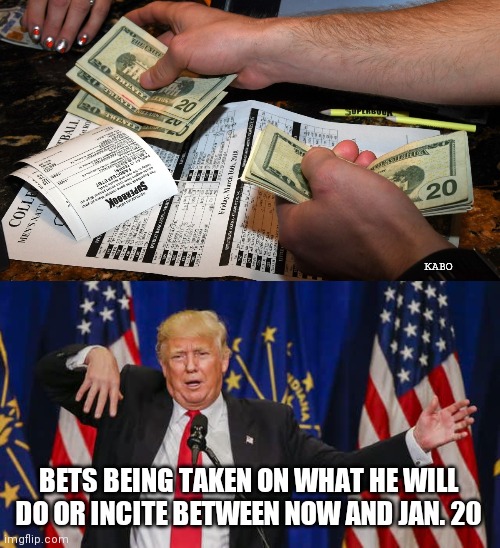Bet on Trump | KABO; BETS BEING TAKEN ON WHAT HE WILL DO OR INCITE BETWEEN NOW AND JAN. 20 | image tagged in donald trump,trump | made w/ Imgflip meme maker